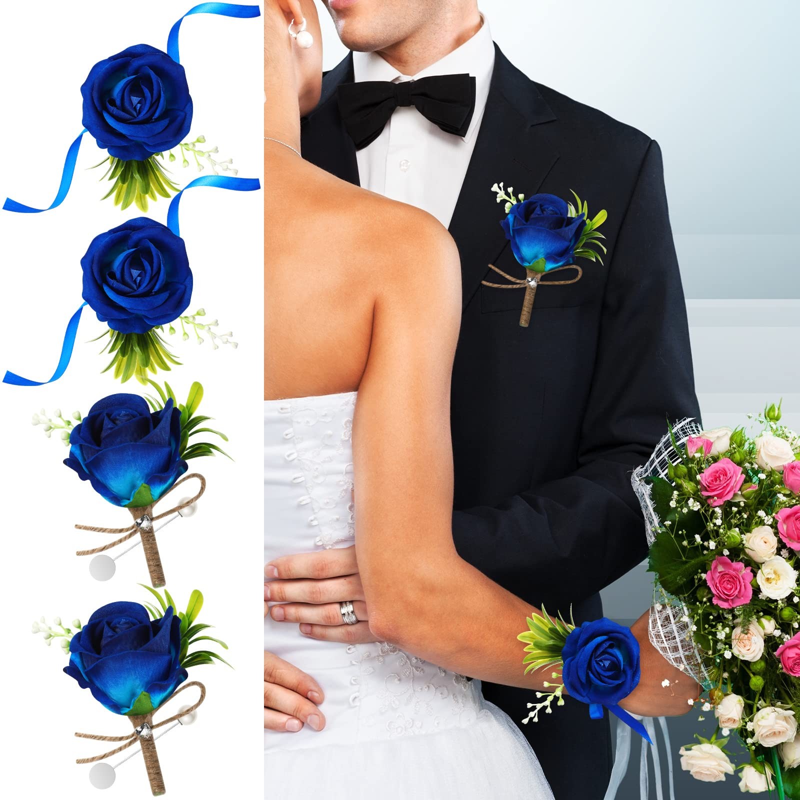 4 PCS Wedding Party Corsage Boutonniere Set Blue Rose Wrist Band Groom Men Decor