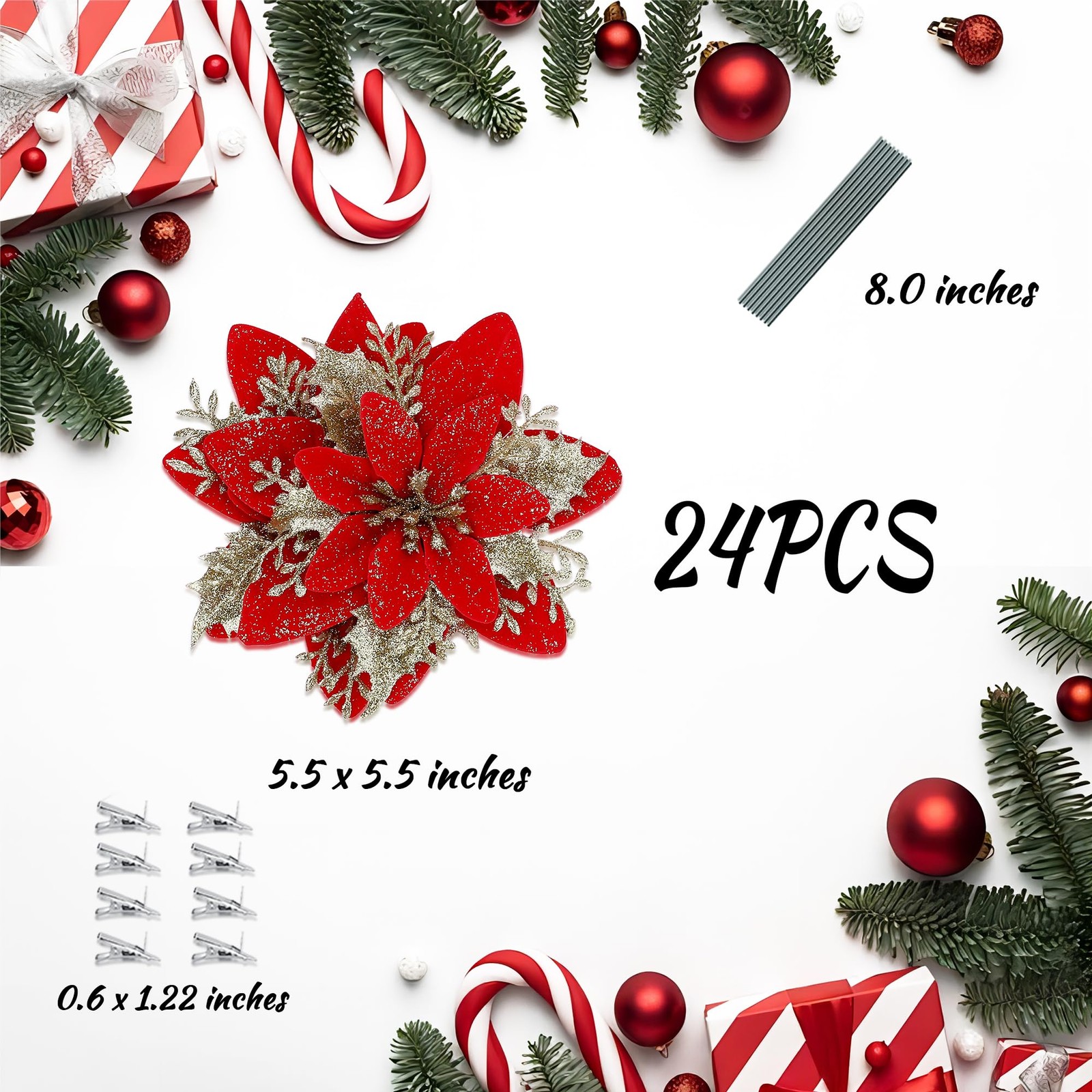 24 Pcs Red Gold Poinsettia Artificial Christmas Flowers 5.5″ Glitter Poinsett…