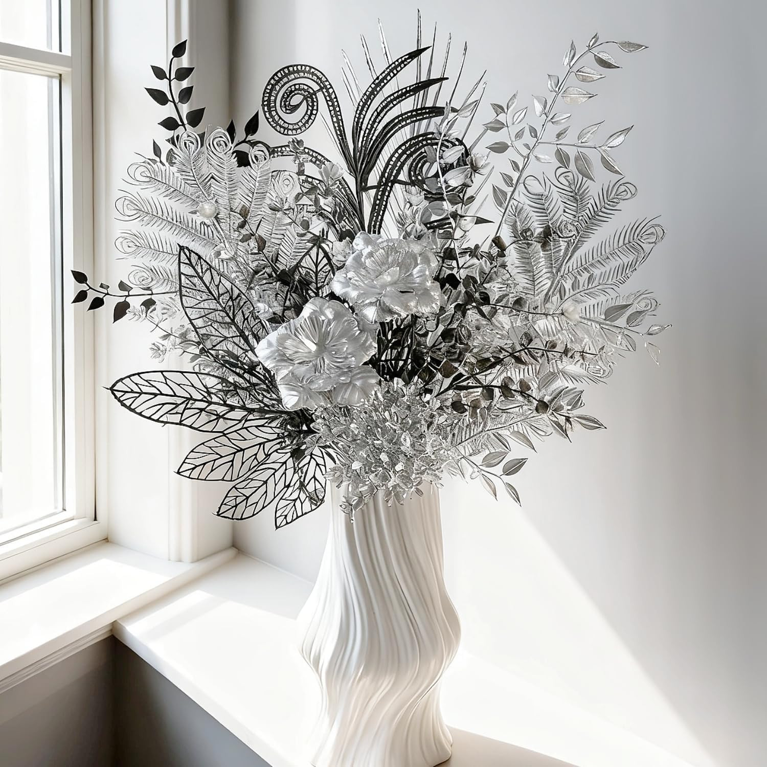 17-Inch Shimmering Black and Silver Artificial Bouquet, Modern Gothic Silk Flowe