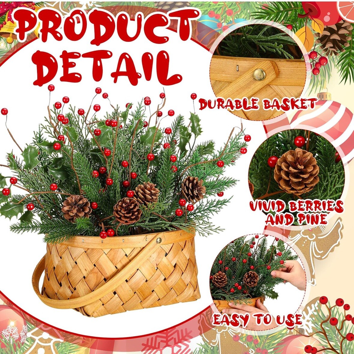 Christmas Artificial Flower Basket Decor Tabletop Decoration Plant with Red B…
