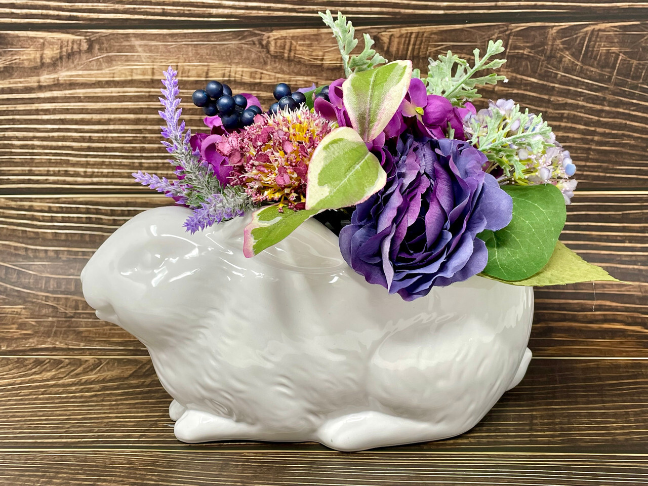10″ Purple-Violet Blue silk Flower arrangement in White Ceramic Bunny Rabbit pla
