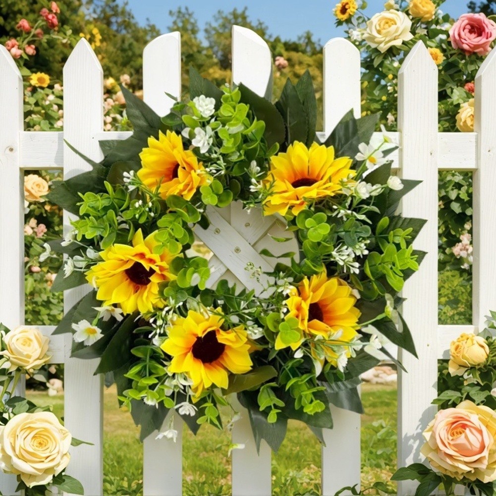 35cm Handmade Wreath Sunflower Eucalyptus for Front Door Wall Farmhouse