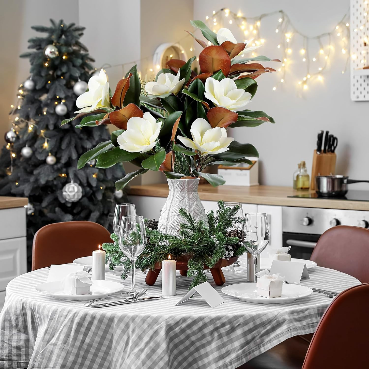 3 Pcs 25.6″ White Artificial Magnolia Branches for Home Wedding Decor