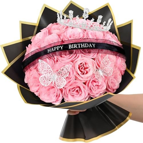 DIY Glitter Rose Bouquet 36 Pink Fake Flowers Wrapping Paper Ribbon Birthday