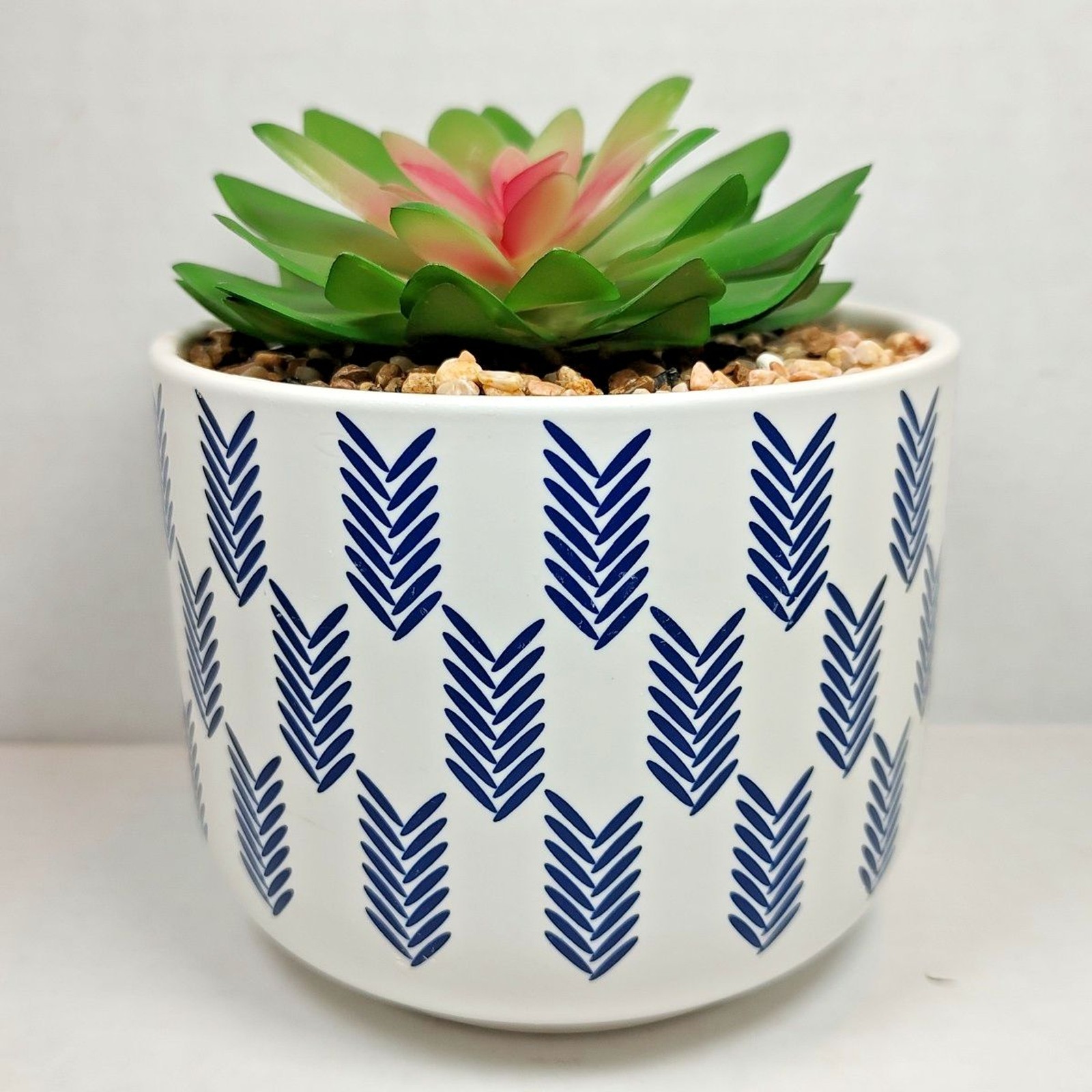 Modern Coastal Artificial Succulent Potted Houseplant Navy Blue White Chevron