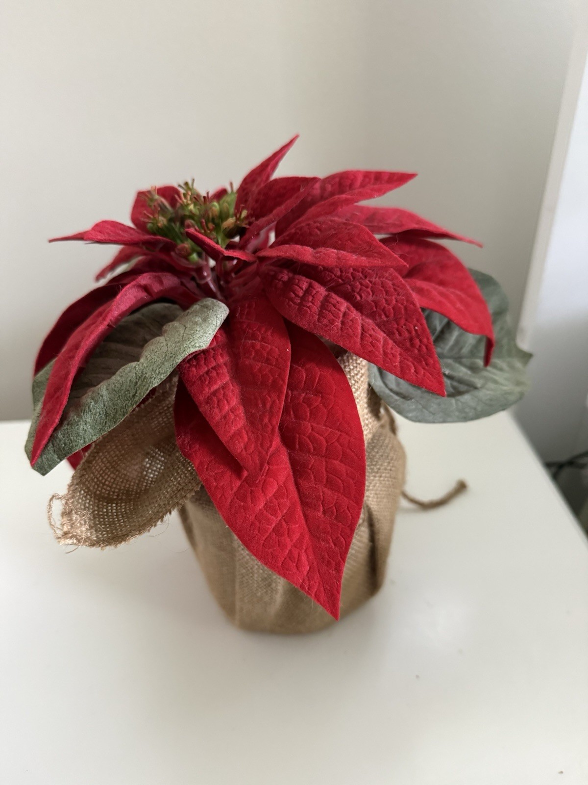 Pottery Barn Faux Burlap Wrapped Poinsettia 8 “ Red Velvet Leaves 4 “ Pot
