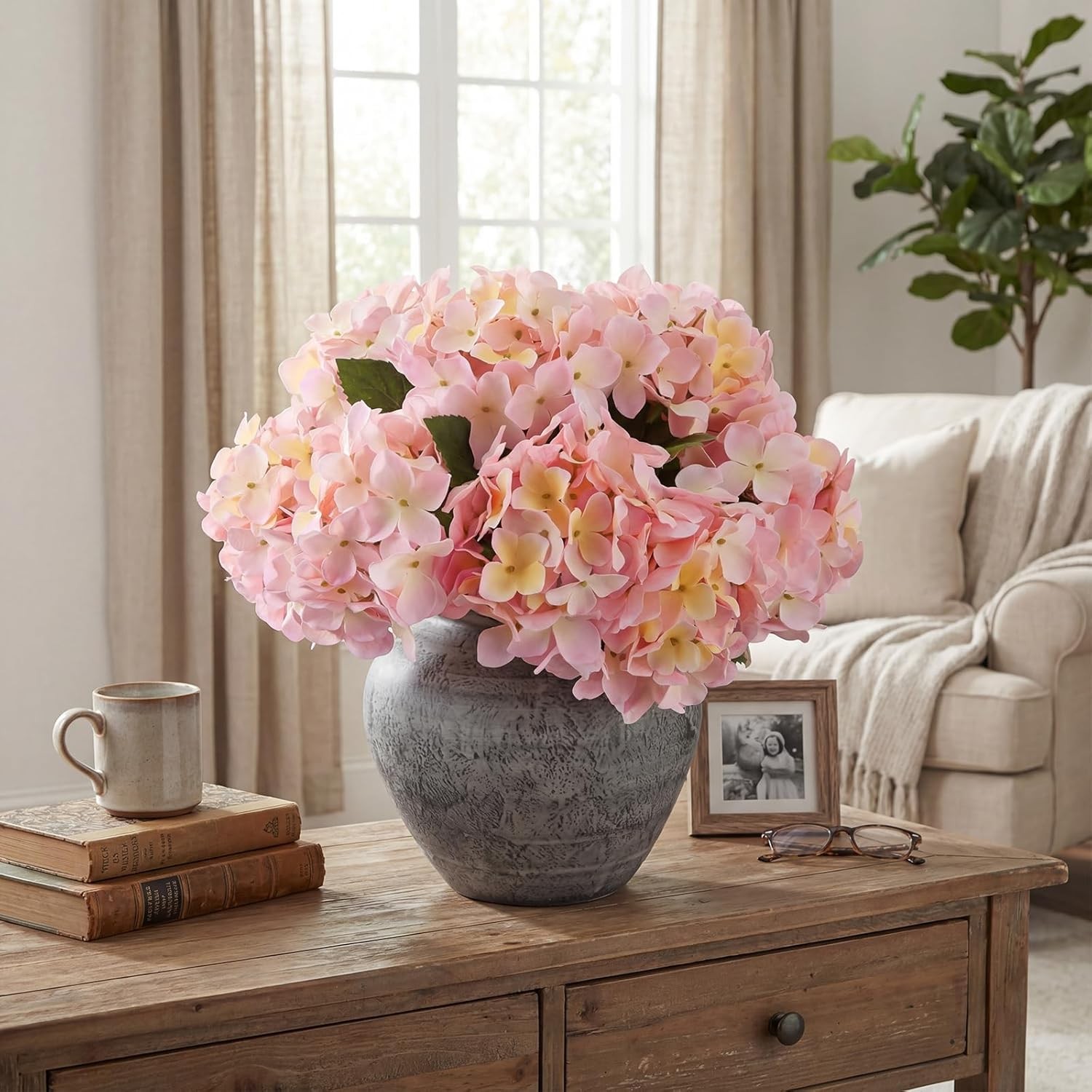2 Pcs Pink & White Outdoor Artificial Hydrangea Stem Large Faux Hydrangea Bushes