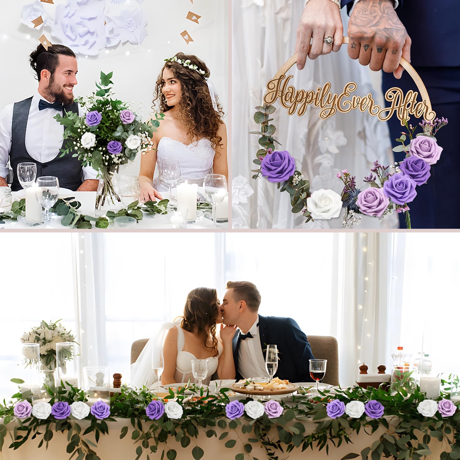 200PCS Artificial Flowers Purple Mixed Series Roses Real Looking Foam Fake Ro…