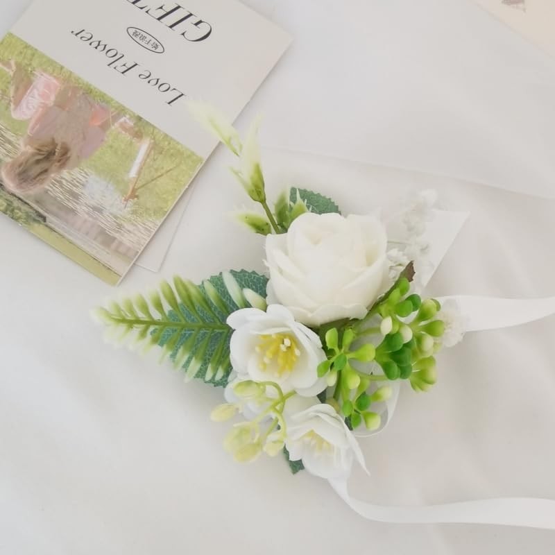 2 PCS White Green Rose Artificial Wedding Wrist Corsage Boutonniere Bridesmaid