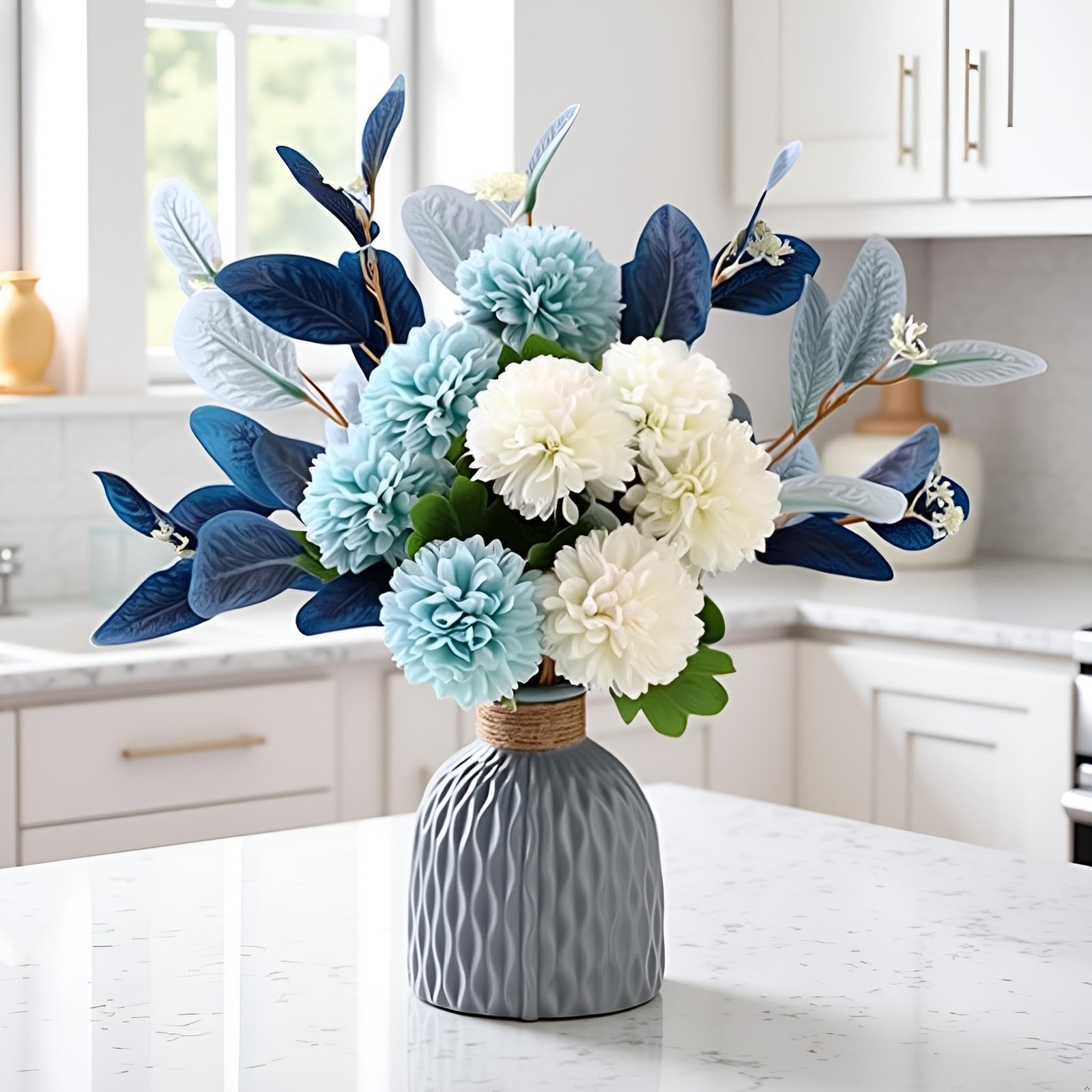 Blue Artificial Flower Bouquet in Ceramic Vase, White and Blue Ball Chrysanth…