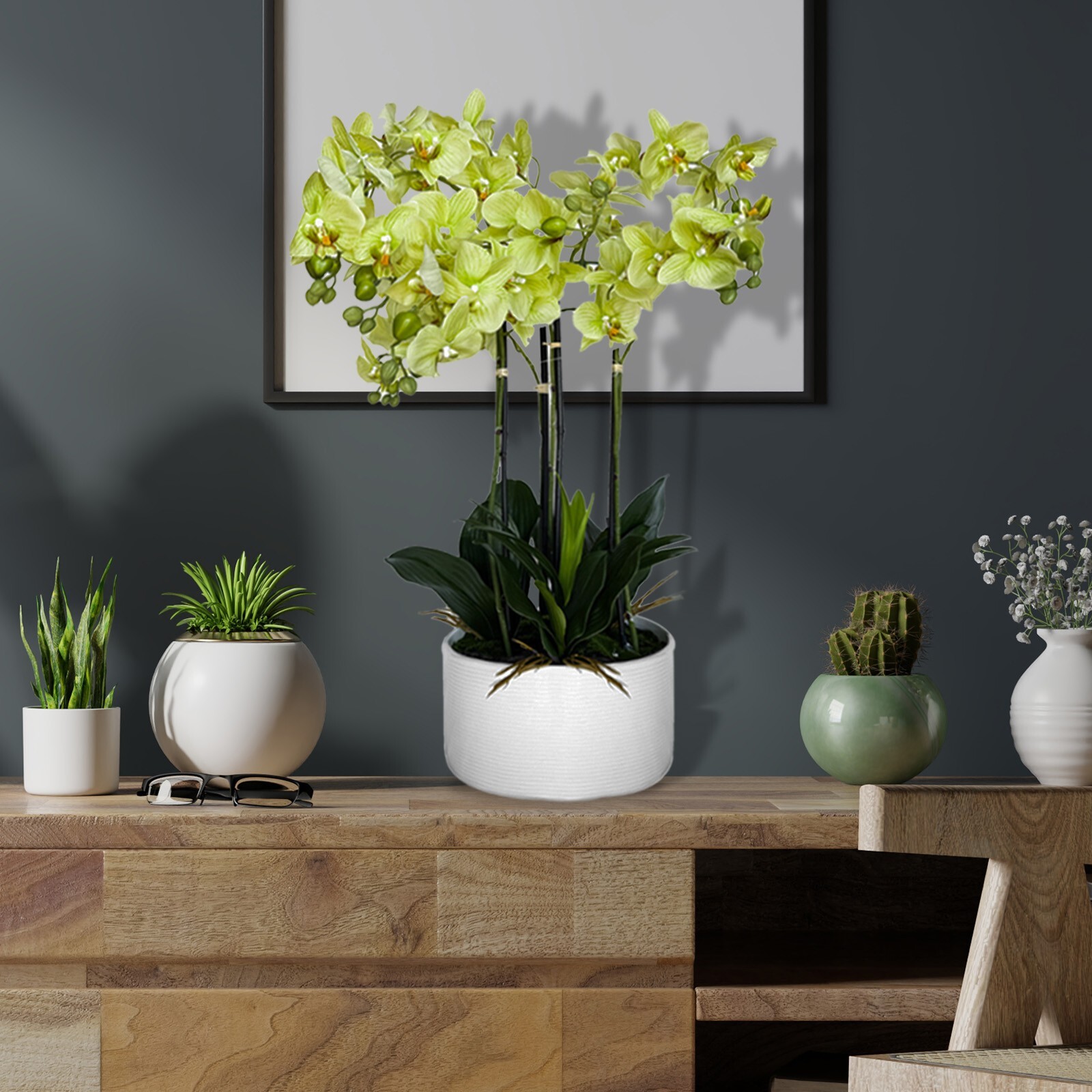 29″ Artificial Flowers Potted Faux Realistic Green Orchid in Ceramic Pot Decor