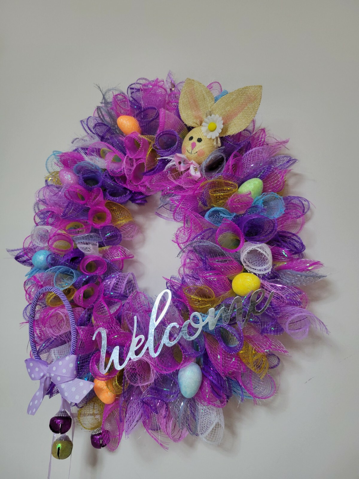 Welcome EASTER egg basket blue yellow purple pink SPRING Wreath Deco Mesh Door