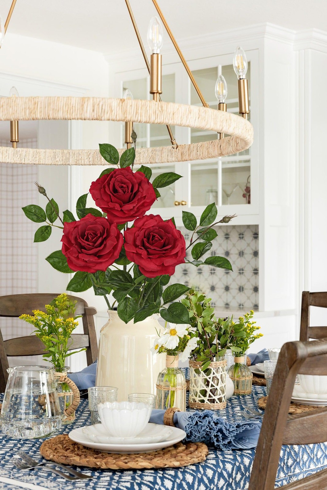 3Pcs Red Roses Artificial Flowers Bouquets 26.3″ Fake Flower Arrangements Sil…