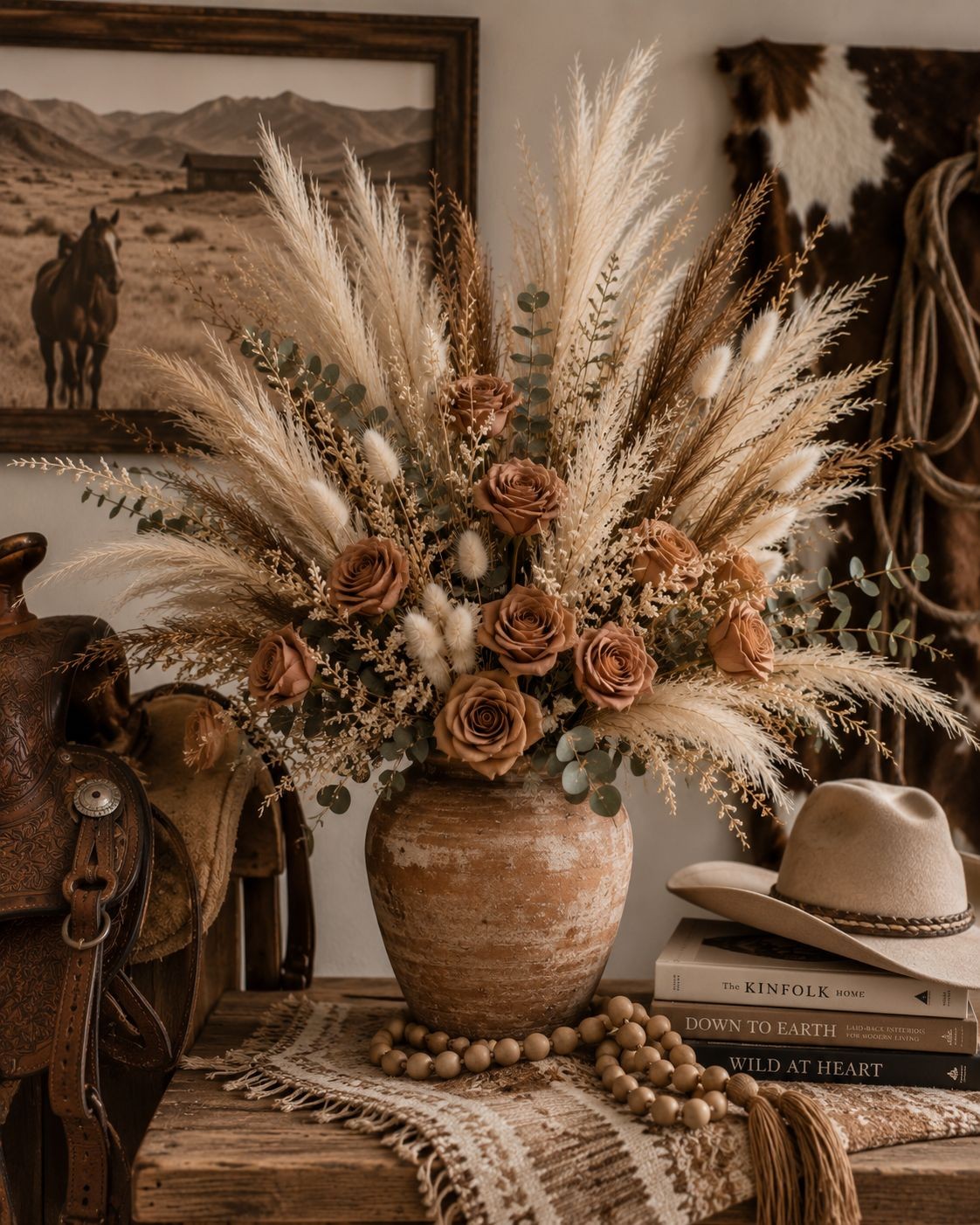42 Piece Faux Pampas Grass Set Neutral Pampas Stems Beige Cream Taupe Brown Boho