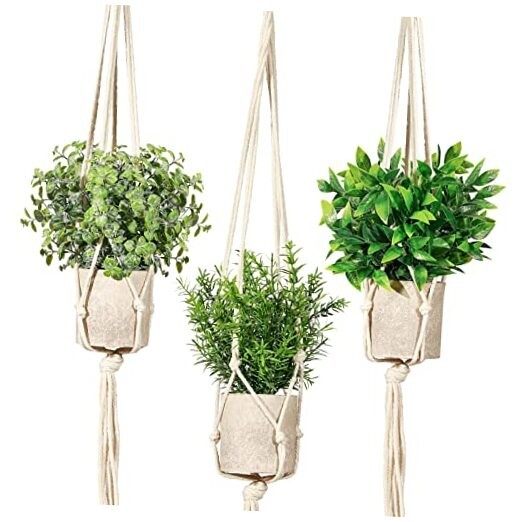 Artificial Plants 3 Pack Mini Fake Hanging with Macrame Plant Eucalyptusgreen