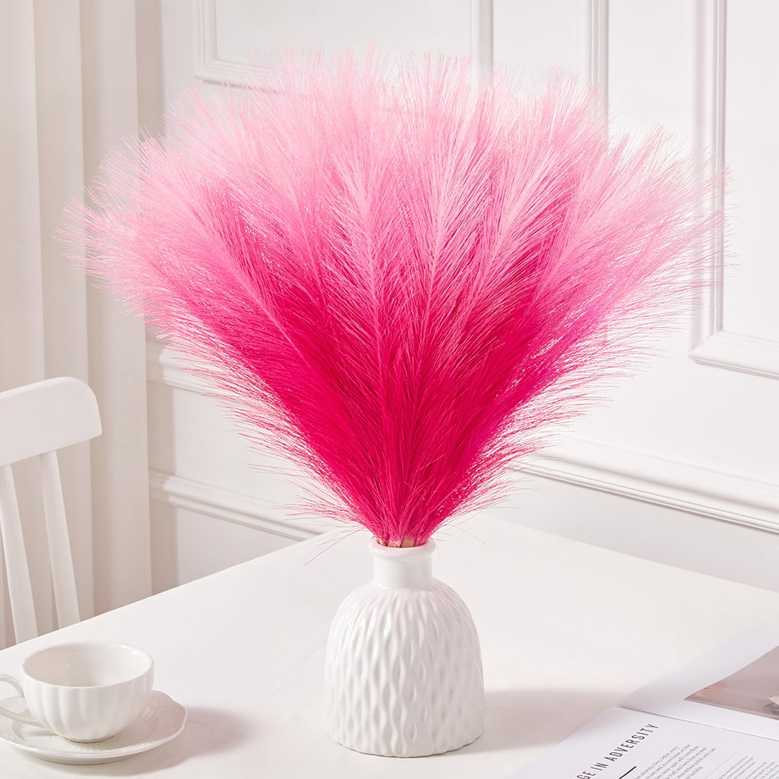 Gradient Hot Pink Pampas Grass Decor,17.7 Inch 6 Pcs Artificial Fluffy Pampas…