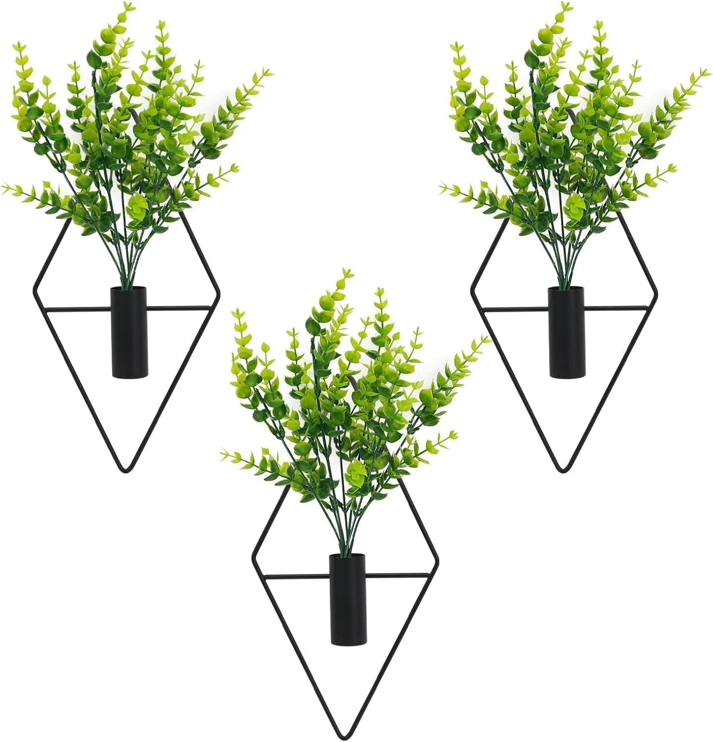 Elegant 3-Piece Geometric Metal Wall Planters with Eucalyptus for Home & Office