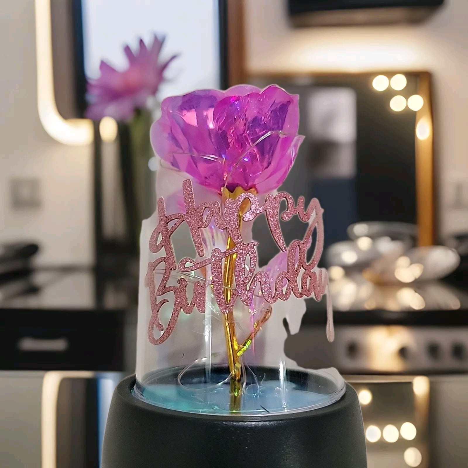 New With Box – Crystal Rose with LED Light In Dome Cover – Happy Birthday – Pink