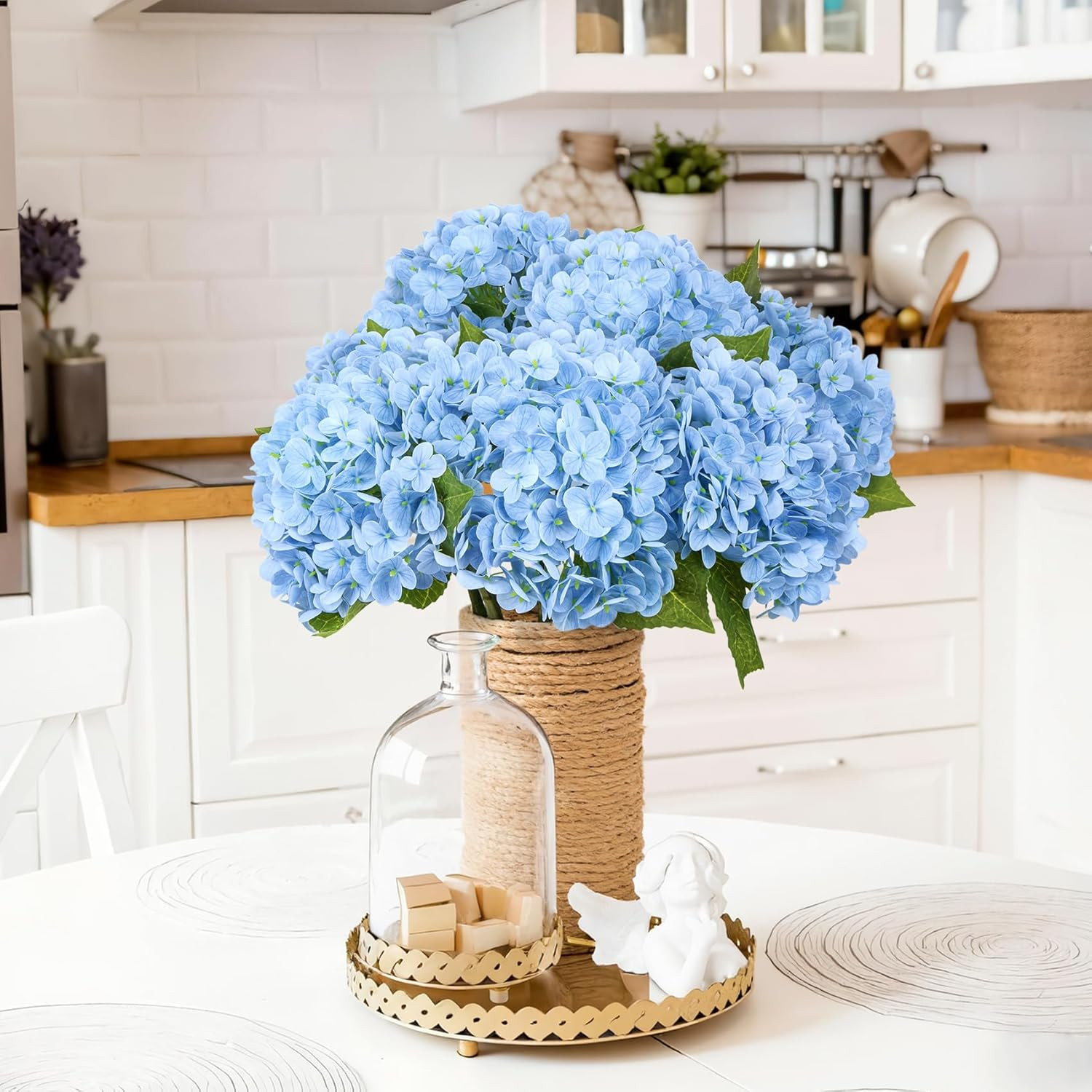 4 Pcs 21″ Hydrangea Artificial Flowers, Realistic Blue Latex Real Touch Faux Hyd