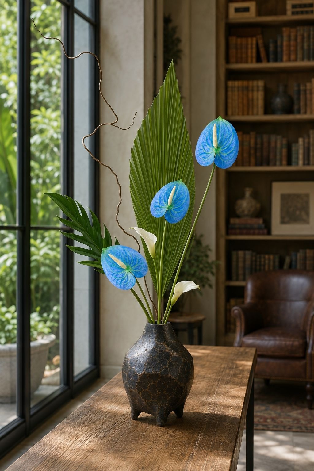 Blue Green Artificial Anthurium Stems Set of 3, 24 Inch Real Touch Tropical Flow