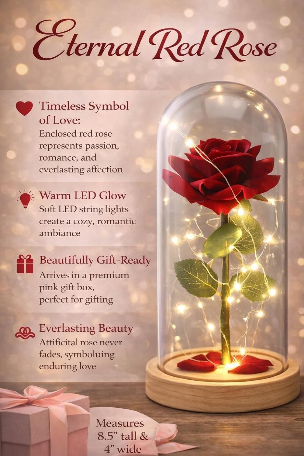 Red Rose in Dome with LED Lights, Eternal Romantic Love Gift Weddings Valentines