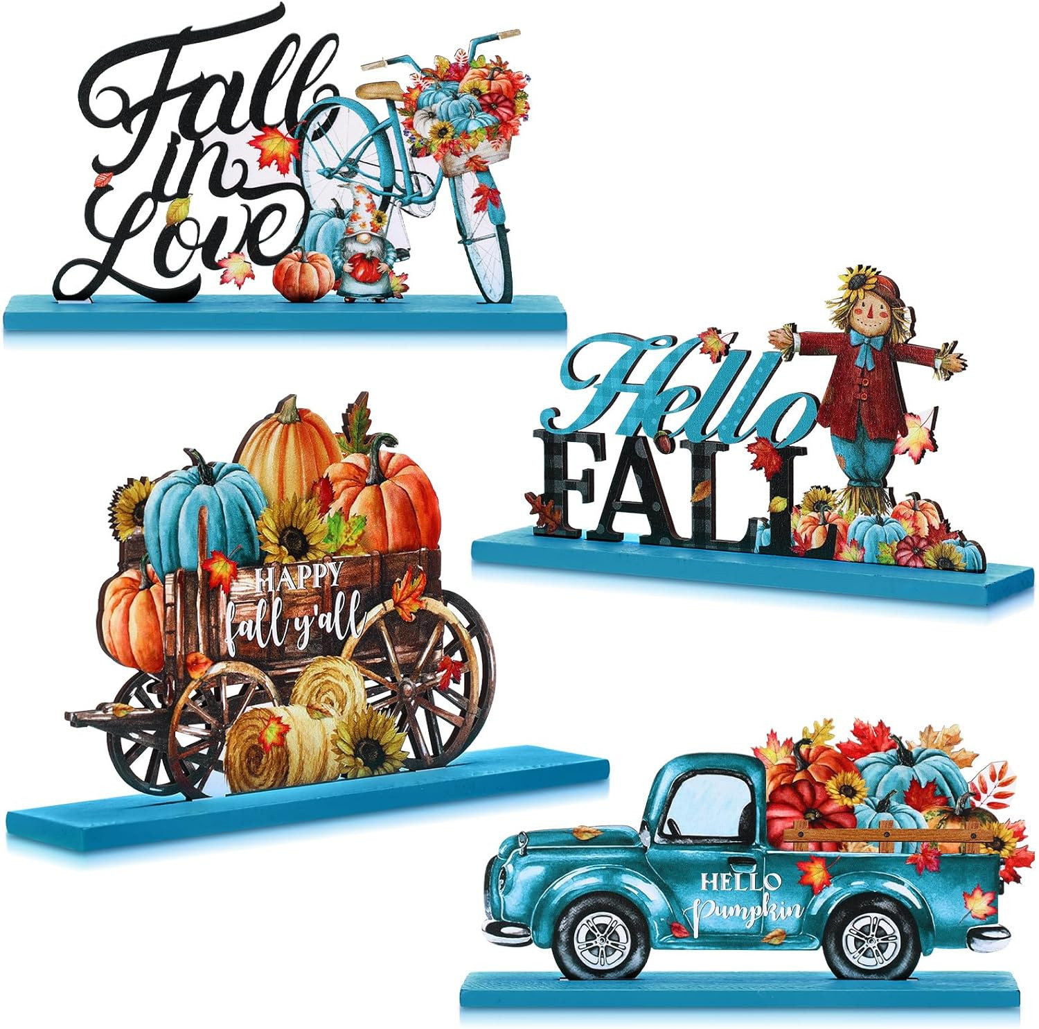 4 Pcs Fall Wooden Table Decorations Blue Autumn Harvest Table Centerpieces Hello