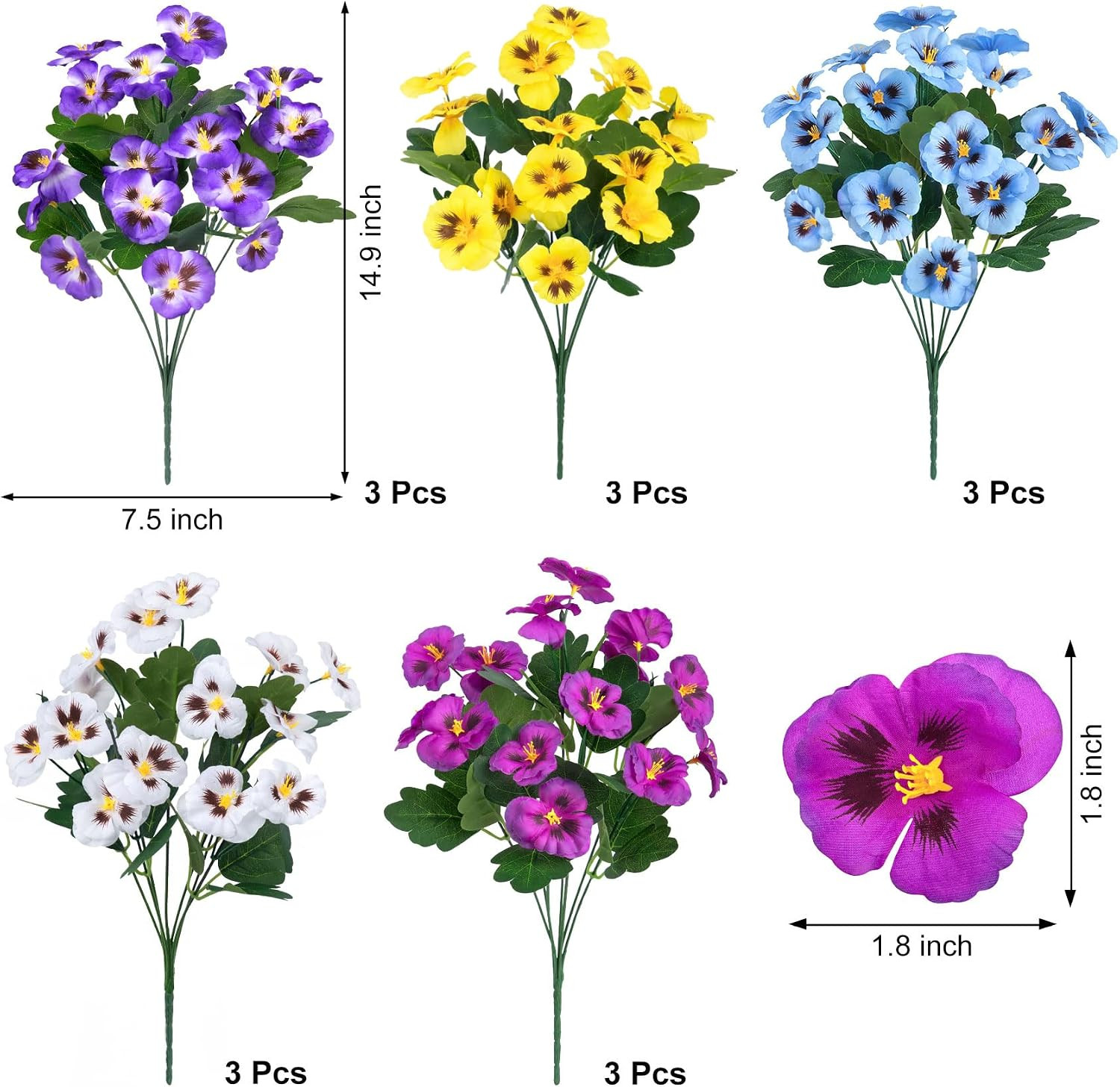 15 Bundles Artificial Flowers for Outdoors, 15″ Fake Pansies Silk Flowers UV Res