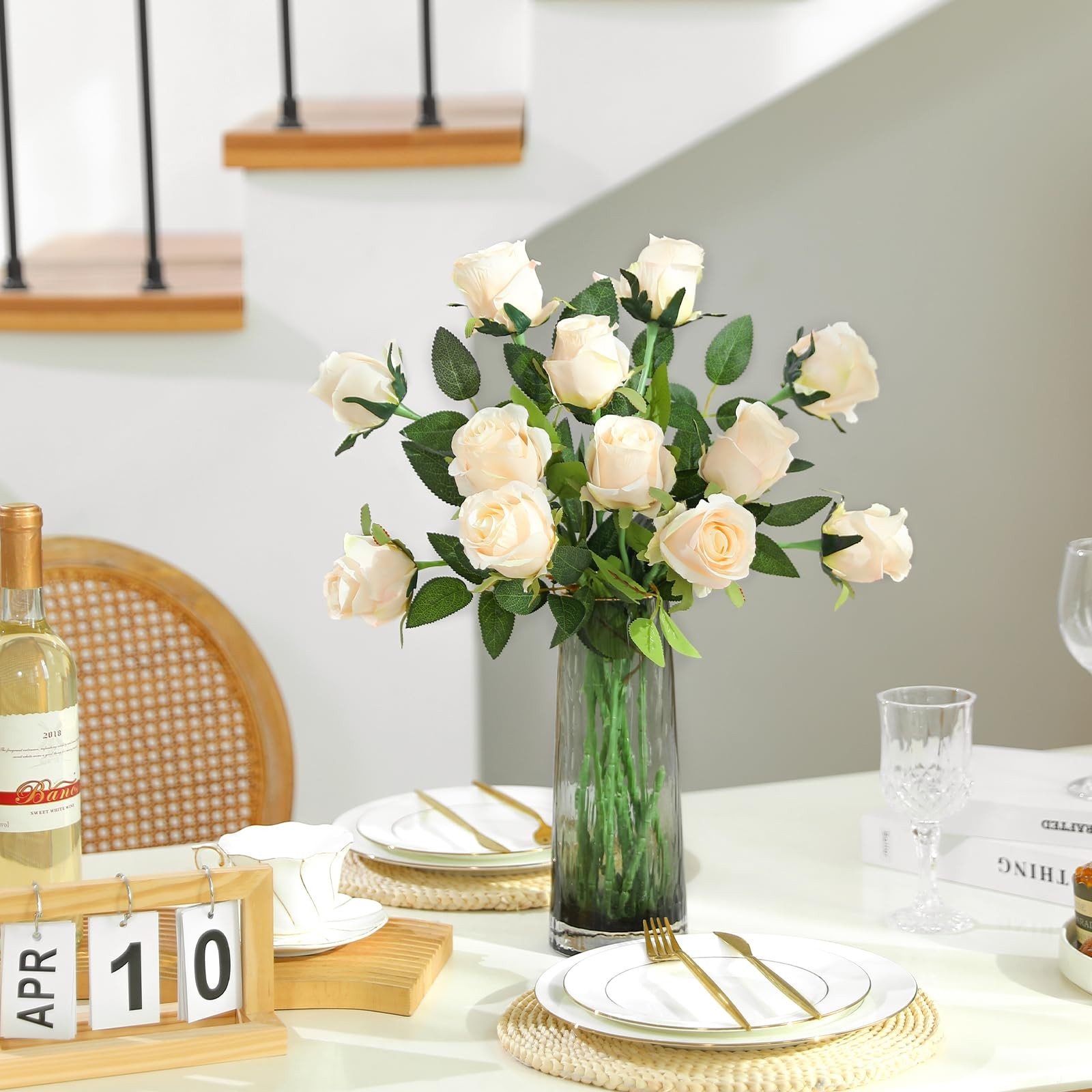12Pcs Realistic Fake Cream Roses Faux Flowers with Long Stems, Artificial Sil…