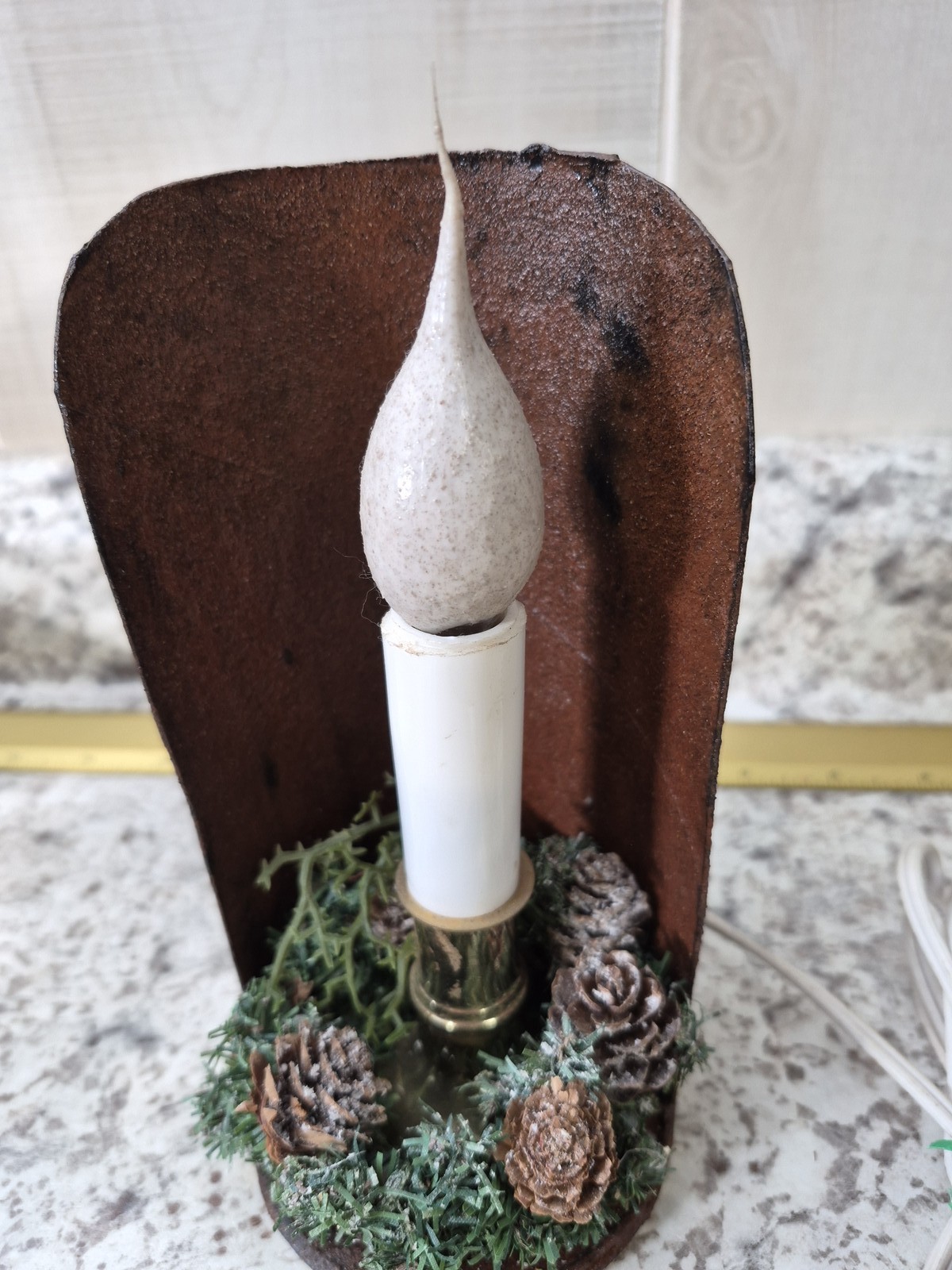 Rustic Winter Holiday Electric Candle Lamp Faux Leather Pinecone Evergreen Decor