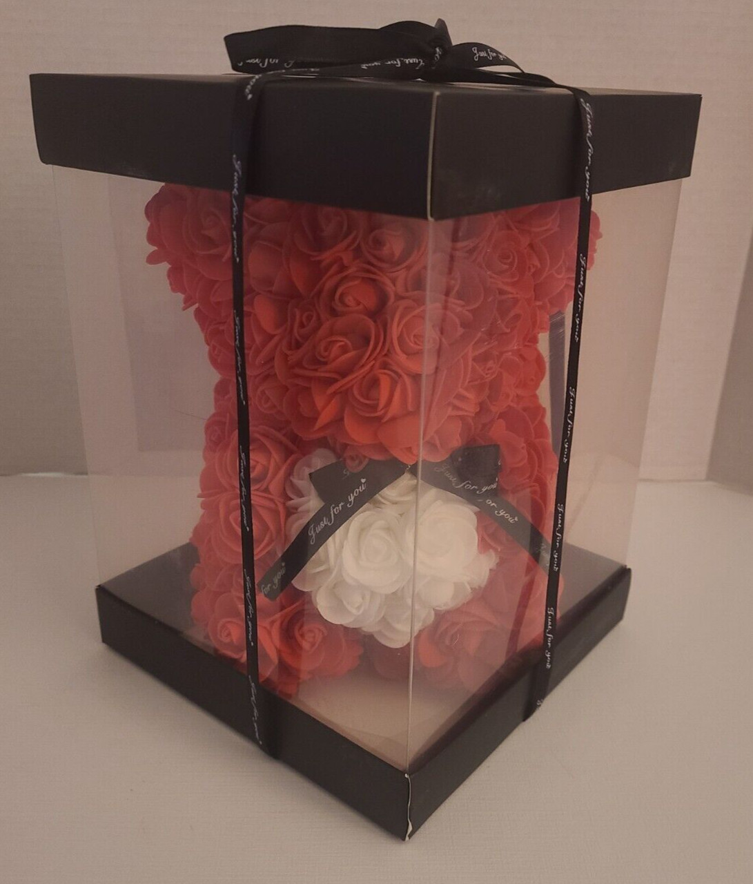 Artificial Rose Teddy Bear with Gift Box | Red/White Rose Bear 10in NEW