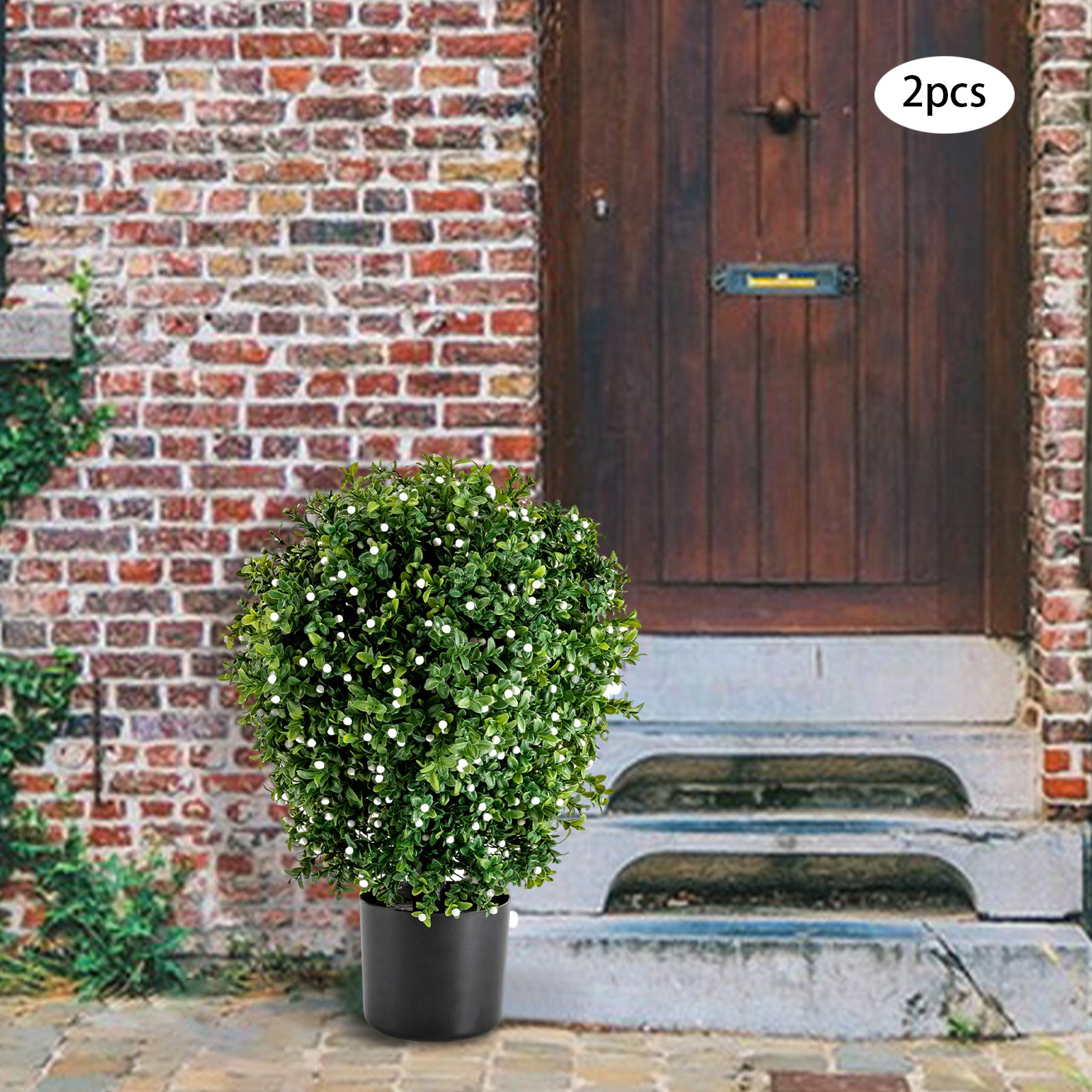 20″ Tall Artificial Boxwood Topiary Ball Tree with White Flowers for Front Porch