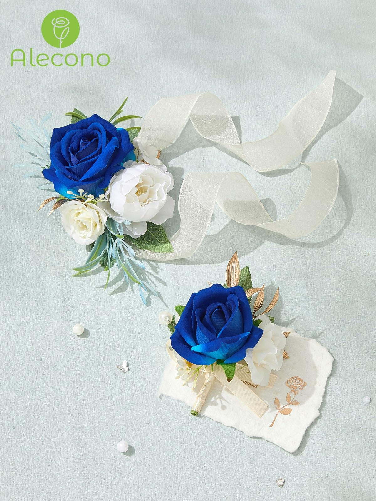 Navy Blue Corsage Boutonniere Set Rose Wristlet Wedding Prom Suit Decor
