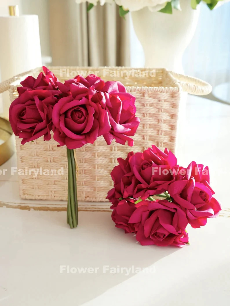 5 Stems Real Touch Moist Latex Rose Bouquet – Magenta | Artificial Flower