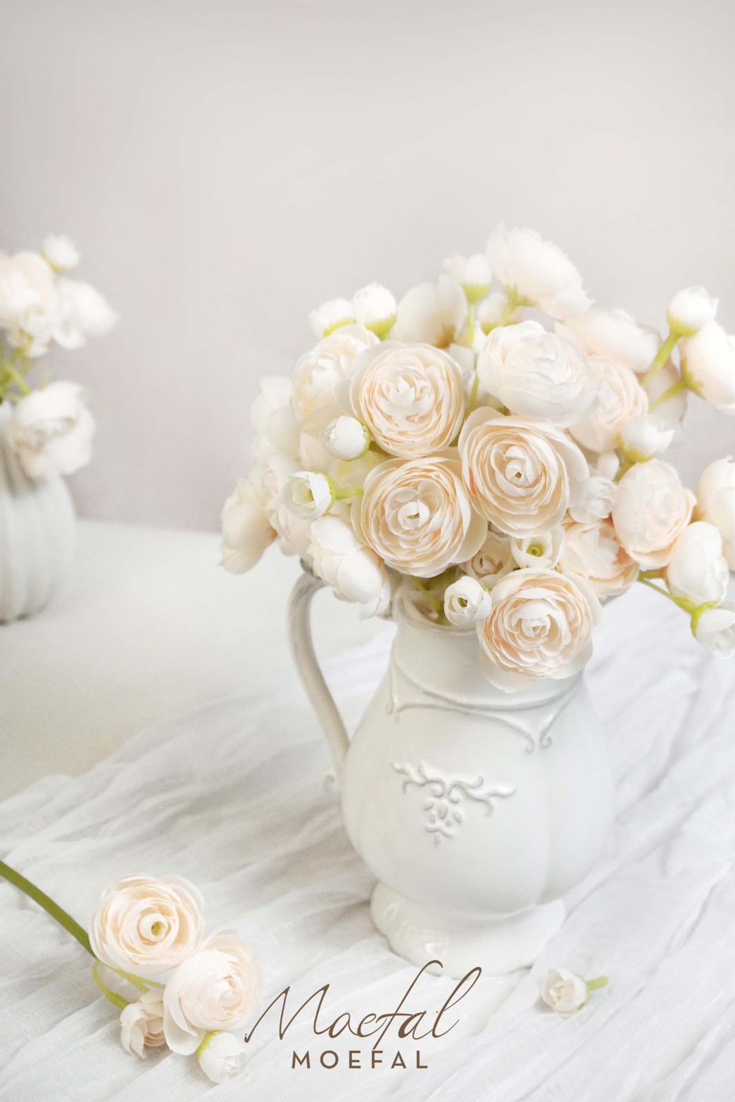 18 PCS Ranunculus Artificial Flowers Faux Silk Mini Bulk Fake Cream Decor