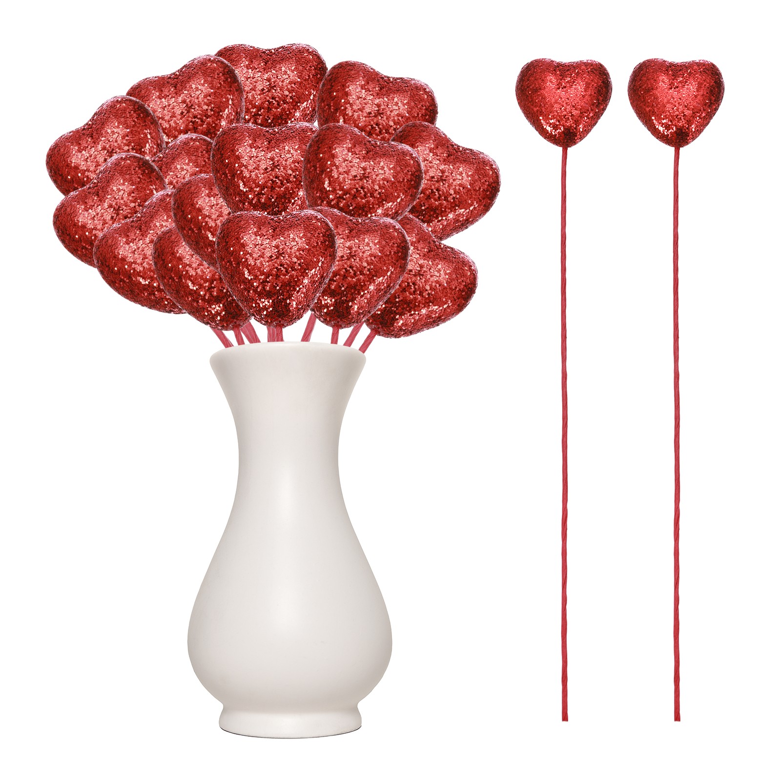 24 Pcs Glitter Heart Shaped Picks Puffy Foam Hearts Stick (Red, 3cm x 21cm)