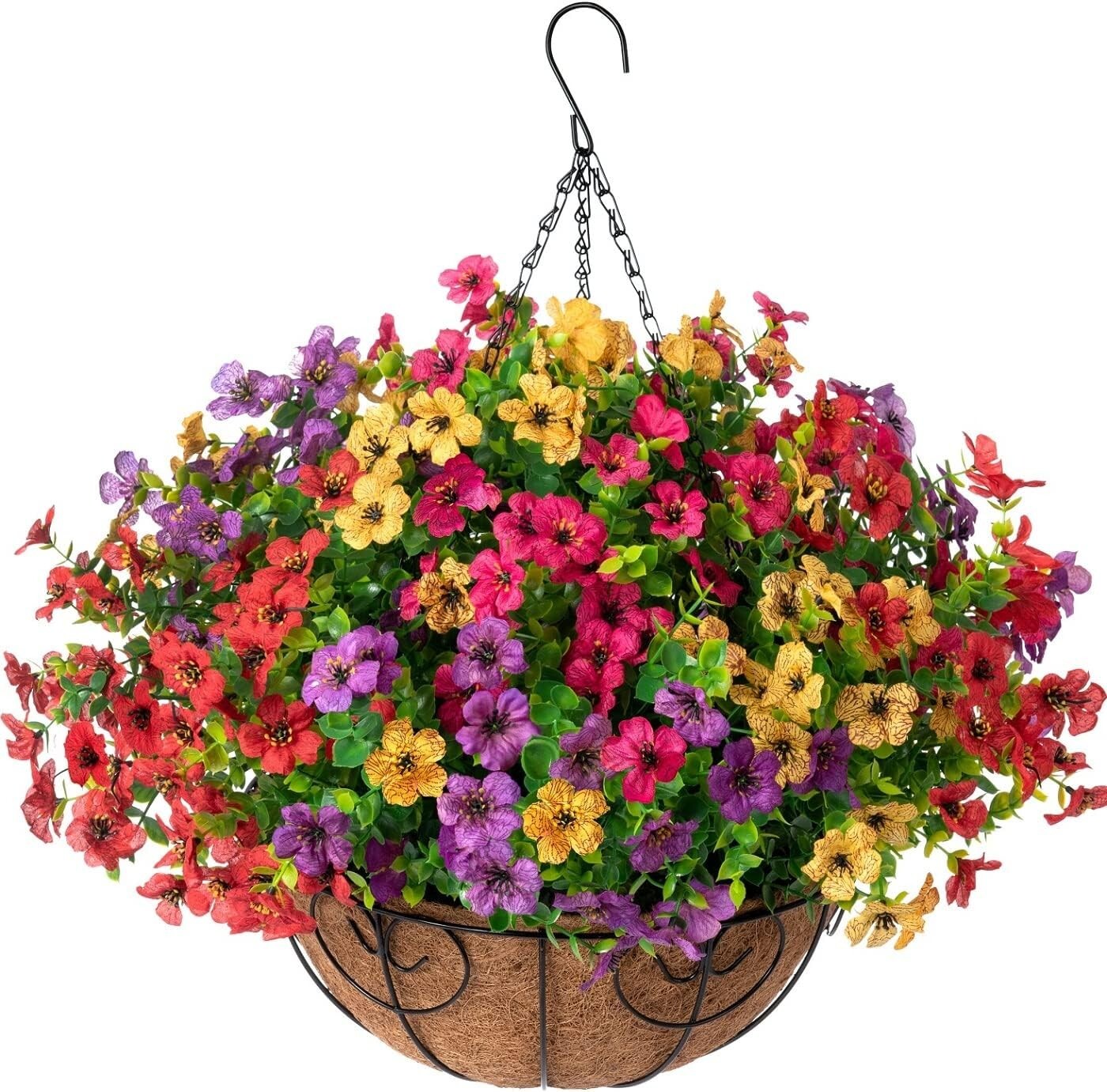 Charming Outdoor Flower Basket with UV Resistant Silk Flowers & Rattan Base