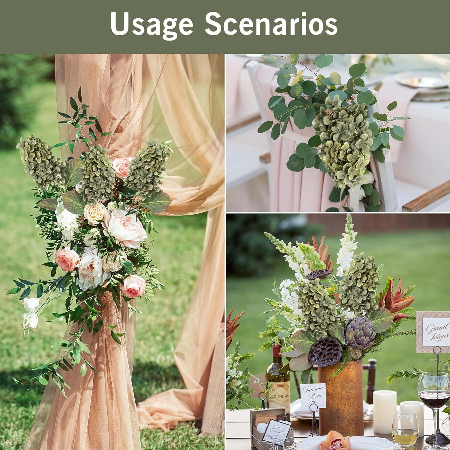 Green Hydrangea Artificial Flowers,Fake Fall Flowers Silk Hydrangea with Stems,F