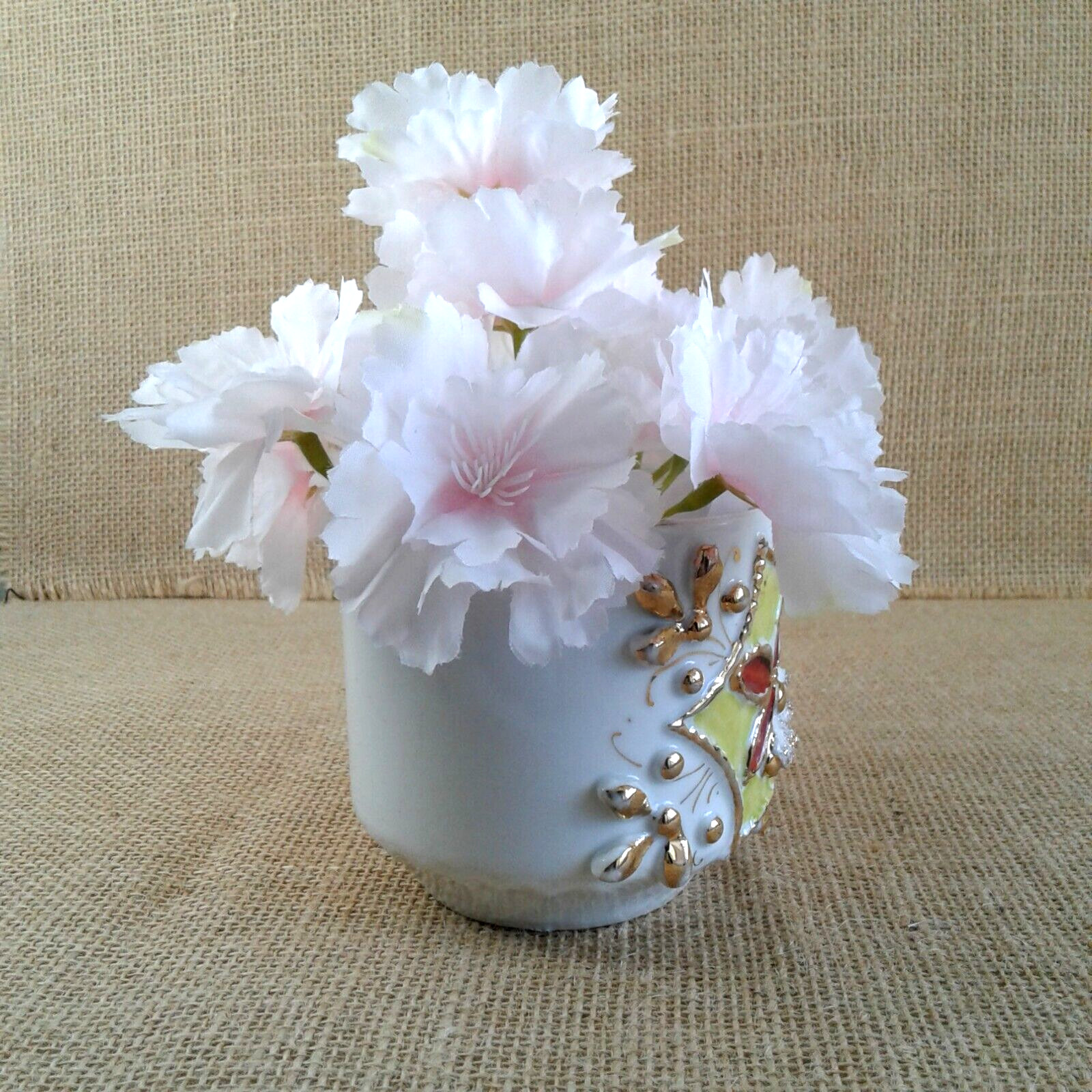 Fluffy Pink Floral Decor Green Gold Mustach Porcelain Cup Chic Country Gift 1460