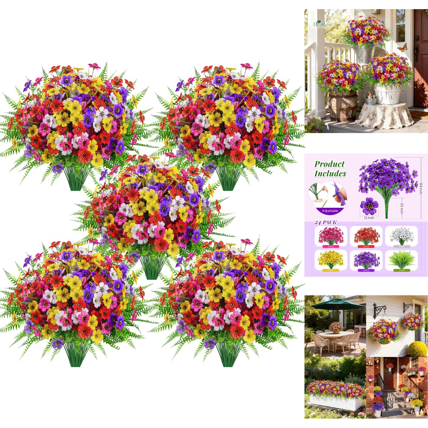 24 Pcs Artificial Flowers for Outdoors Faux Ferns UV Resistant Spring Yard Decor