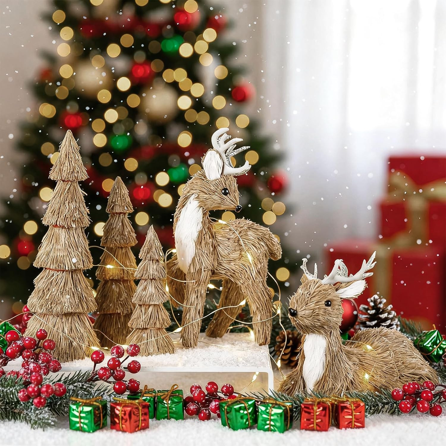 5 Pcs Christmas Sisal Reindeer Tree Centerpieces Table Fireplace Decor Christmas