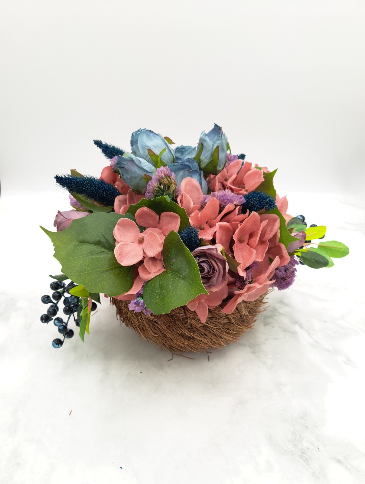 Handmade Blue Rose Blueberry Dried/Silk Flower Arrangement w/ Vintage Basket