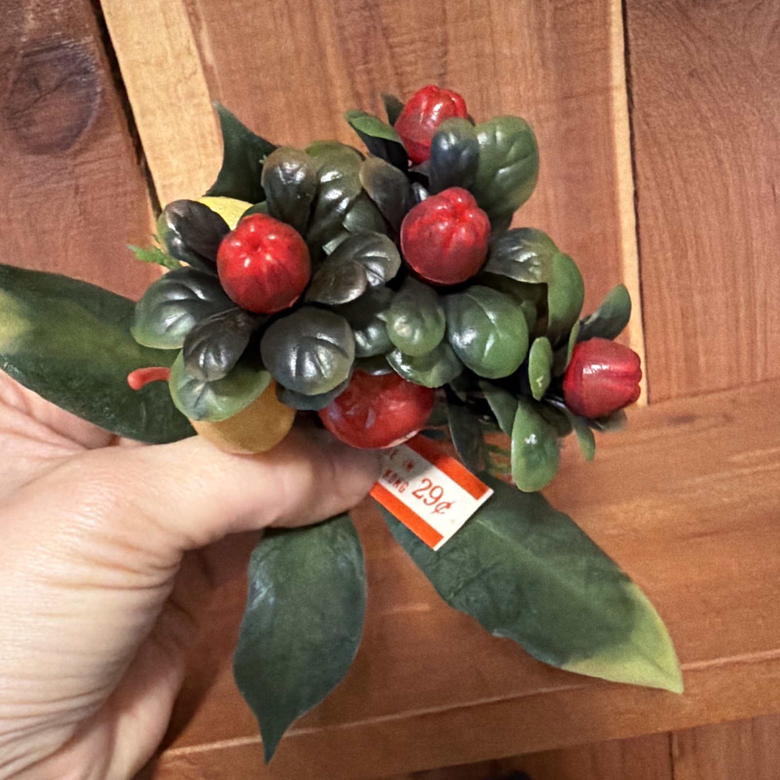 VTG Artificial Berry Floral Pick with Green Leaves, Red & Yellow Fruit, 7 in
