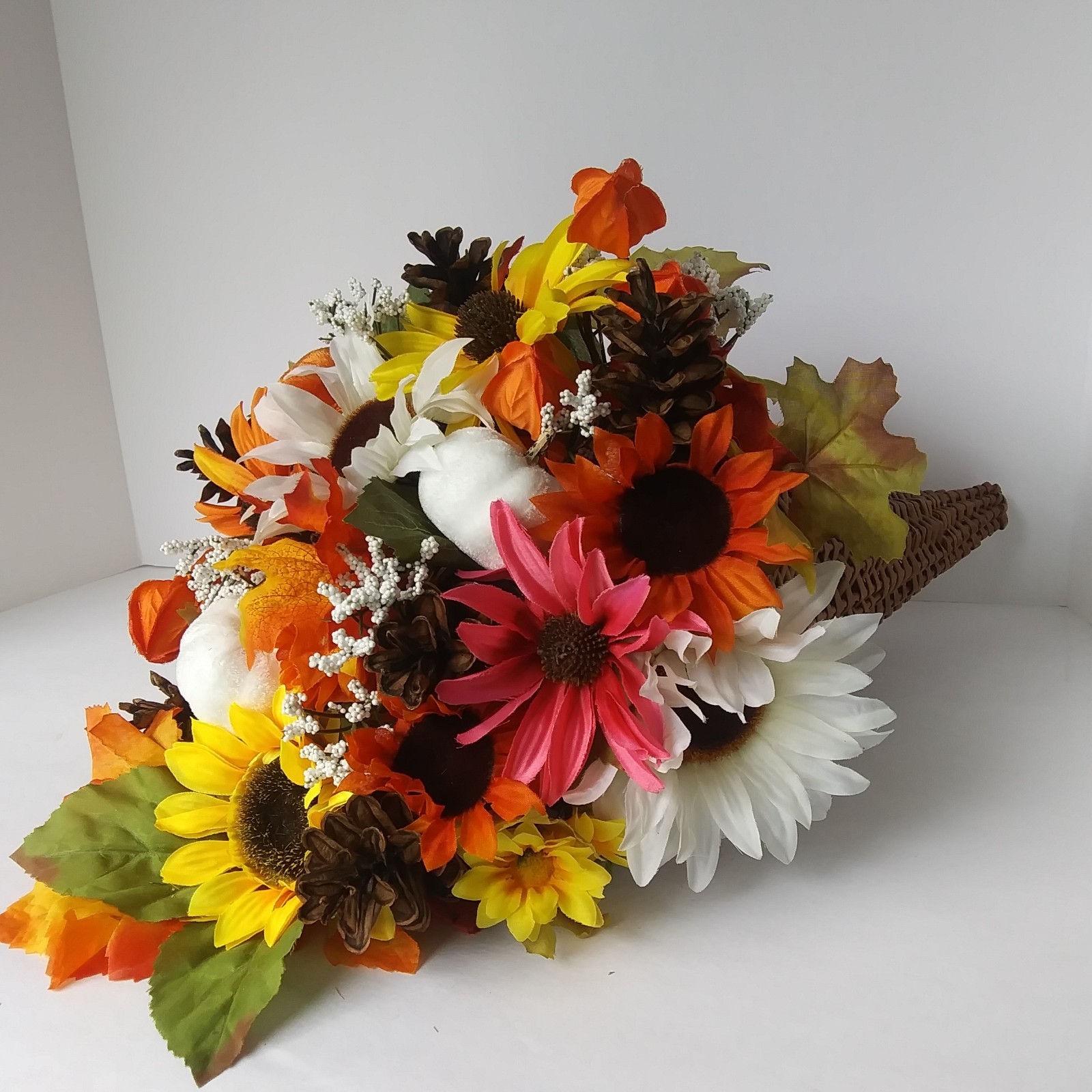 Fall Cornucopia Centerpiece Sunflowers Pinecones Maple Leaves Harvest Decor