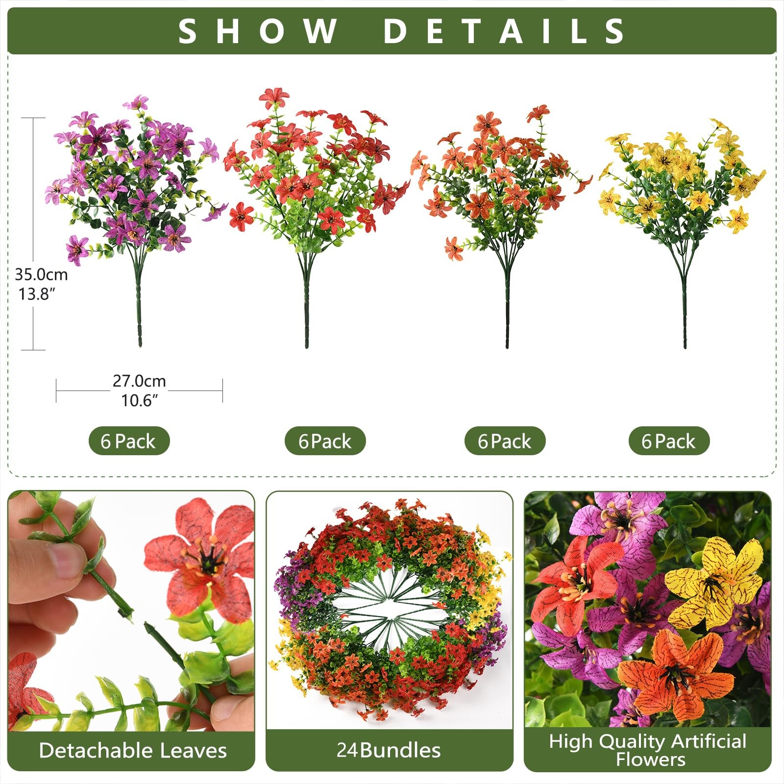24 Bundles Artificial Flowers for Outdoors Spring Summer Decor, Realistic Fau…