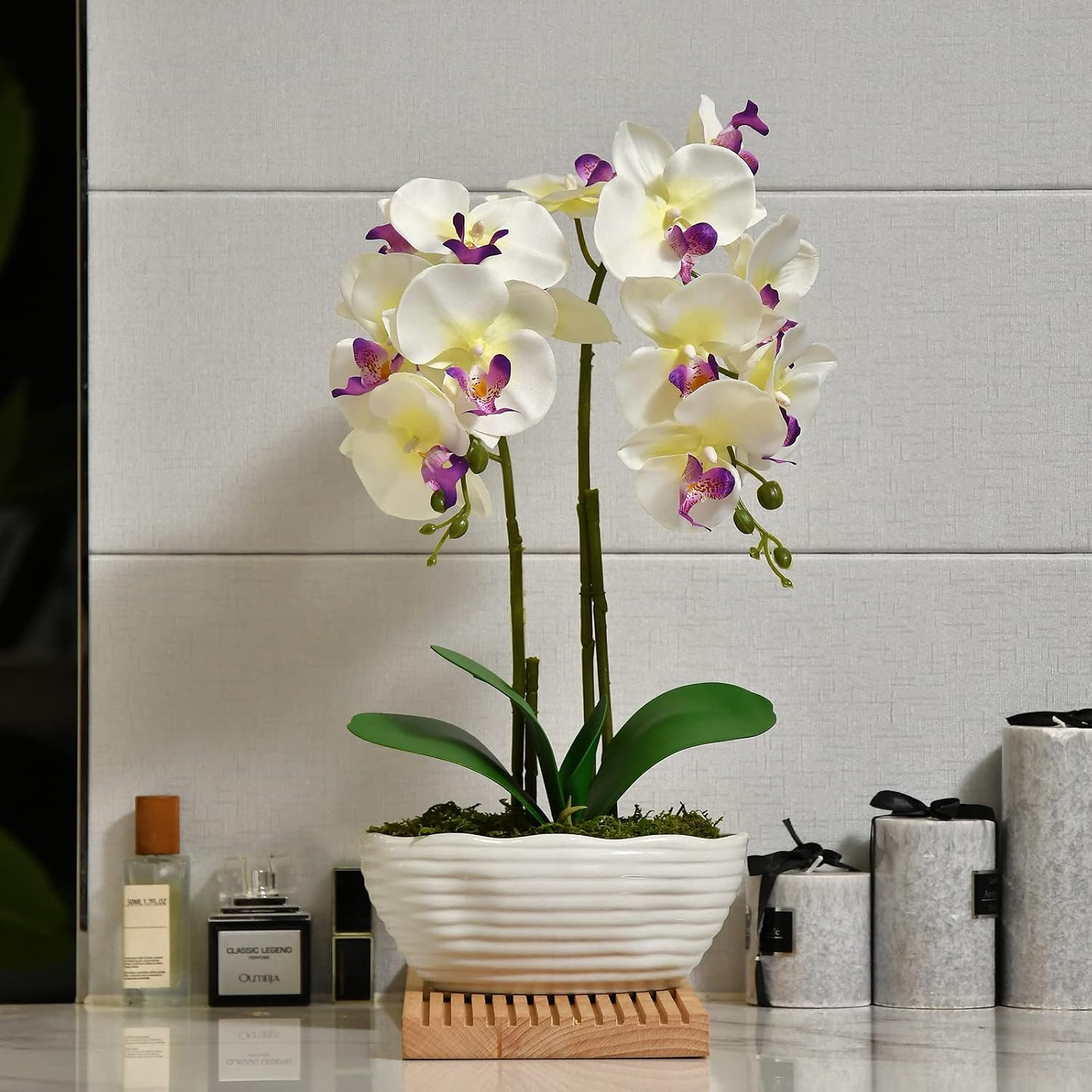 Elegant White Orchid Silk Flower Arrangement in Ceramic Pot