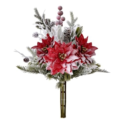Artificial Christmas Flowers Bouquet 12″ Frosted Poinsettias Flowers 1PC Red