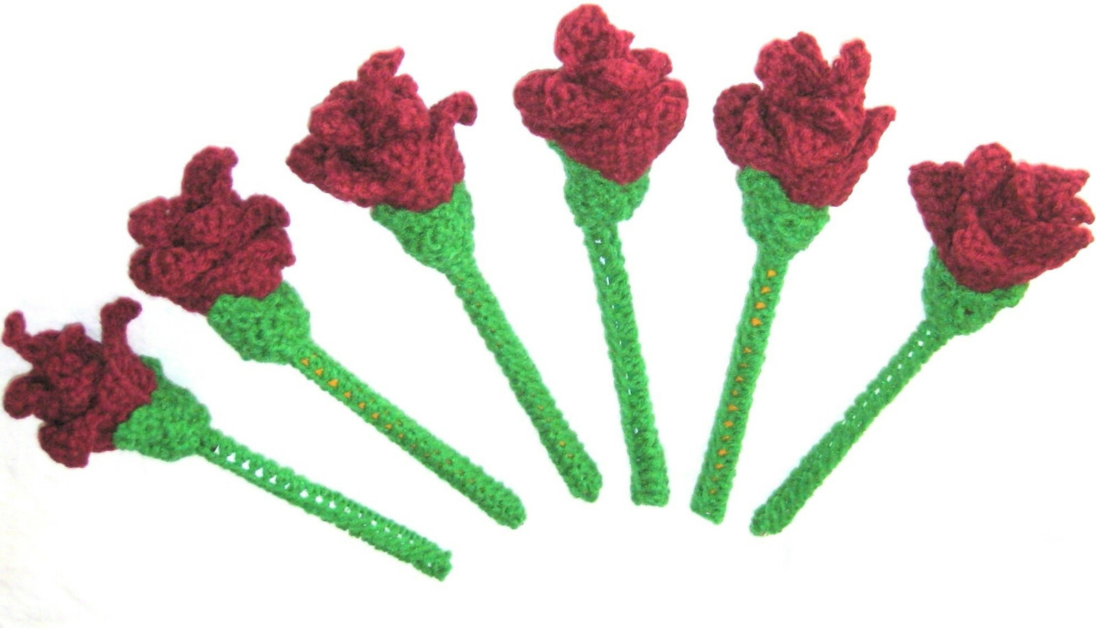 6 HANDMADE Knit CROCHET Long GREEN Stem MAROON ROSE Flower FLORAL Decor BOUQUET!