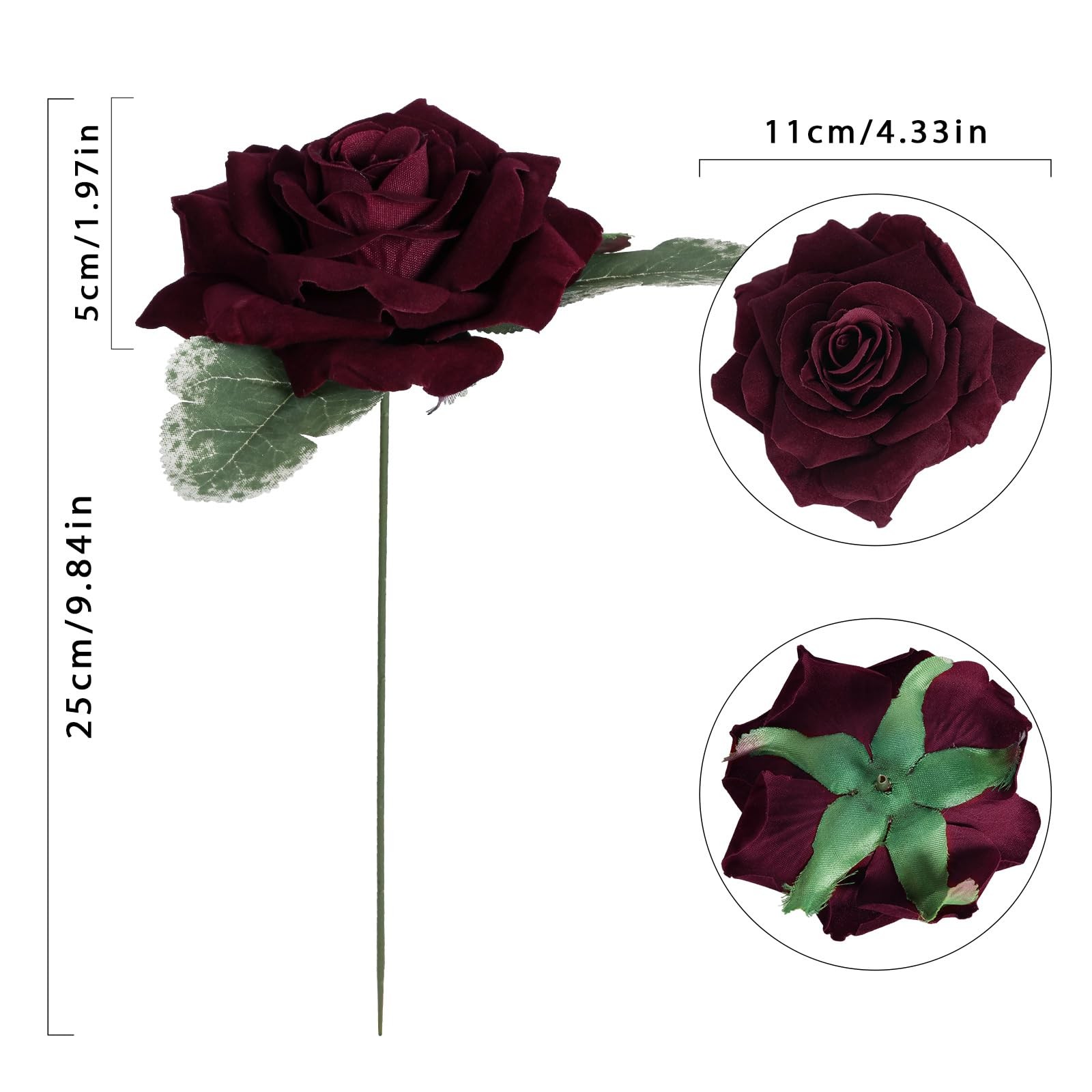 Artificial Velvet Roses 16 PCS Burgundy Maroon Flowers 4.3 Inch Fake Floral