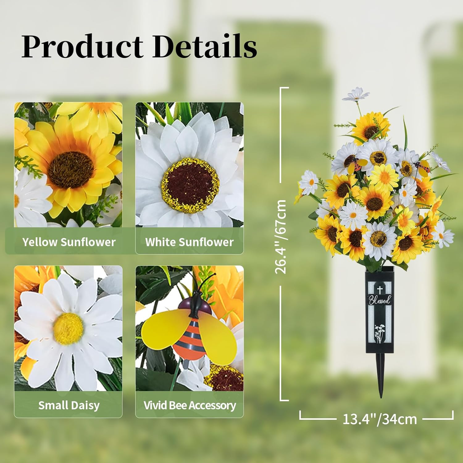 Artificial Cemetery Flowers for Grave: 2 Pcs Yellow White Sunflower Grave Flower