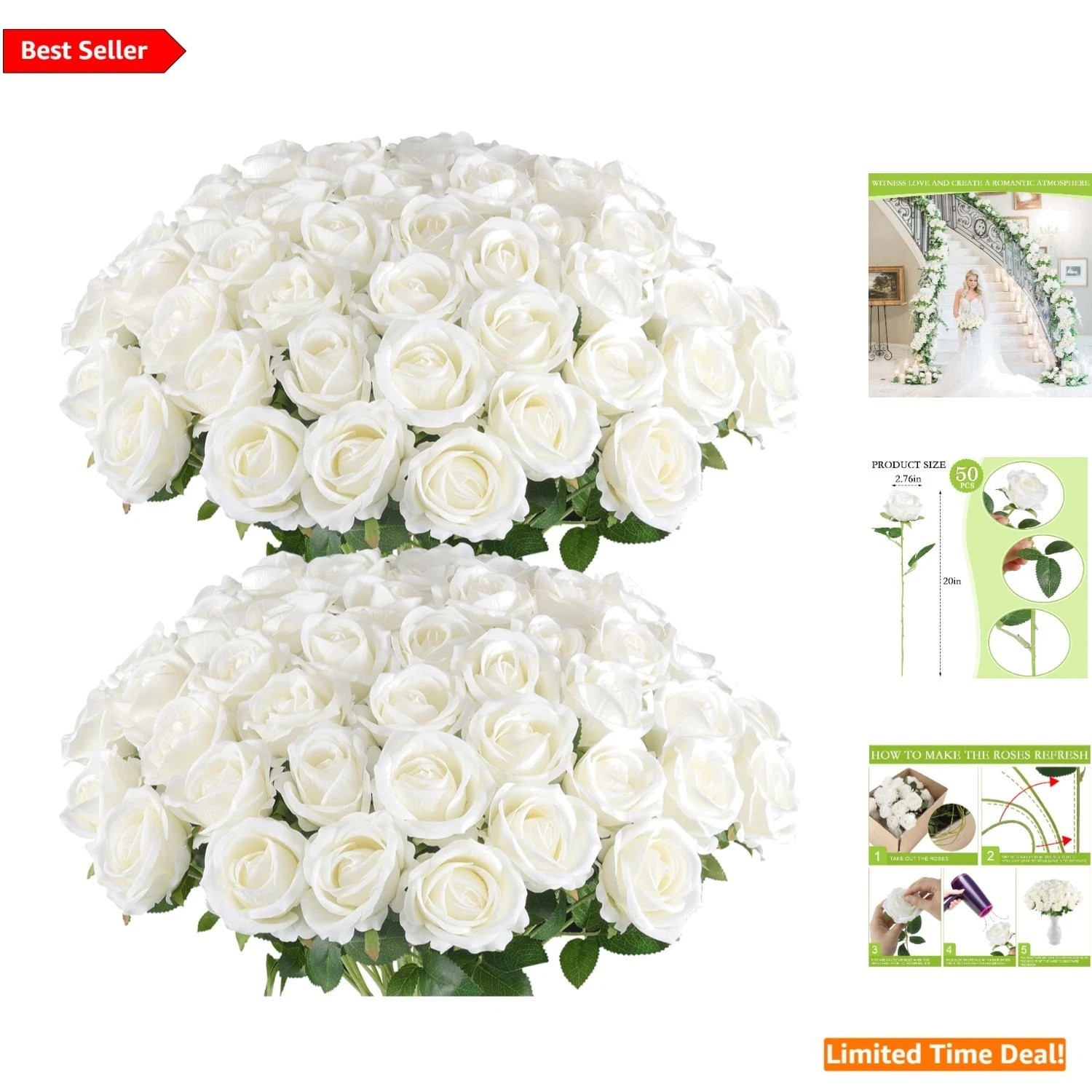 Versatile & Lifelike 50 White Silk Roses – Maintenance-Free Floral Decor
